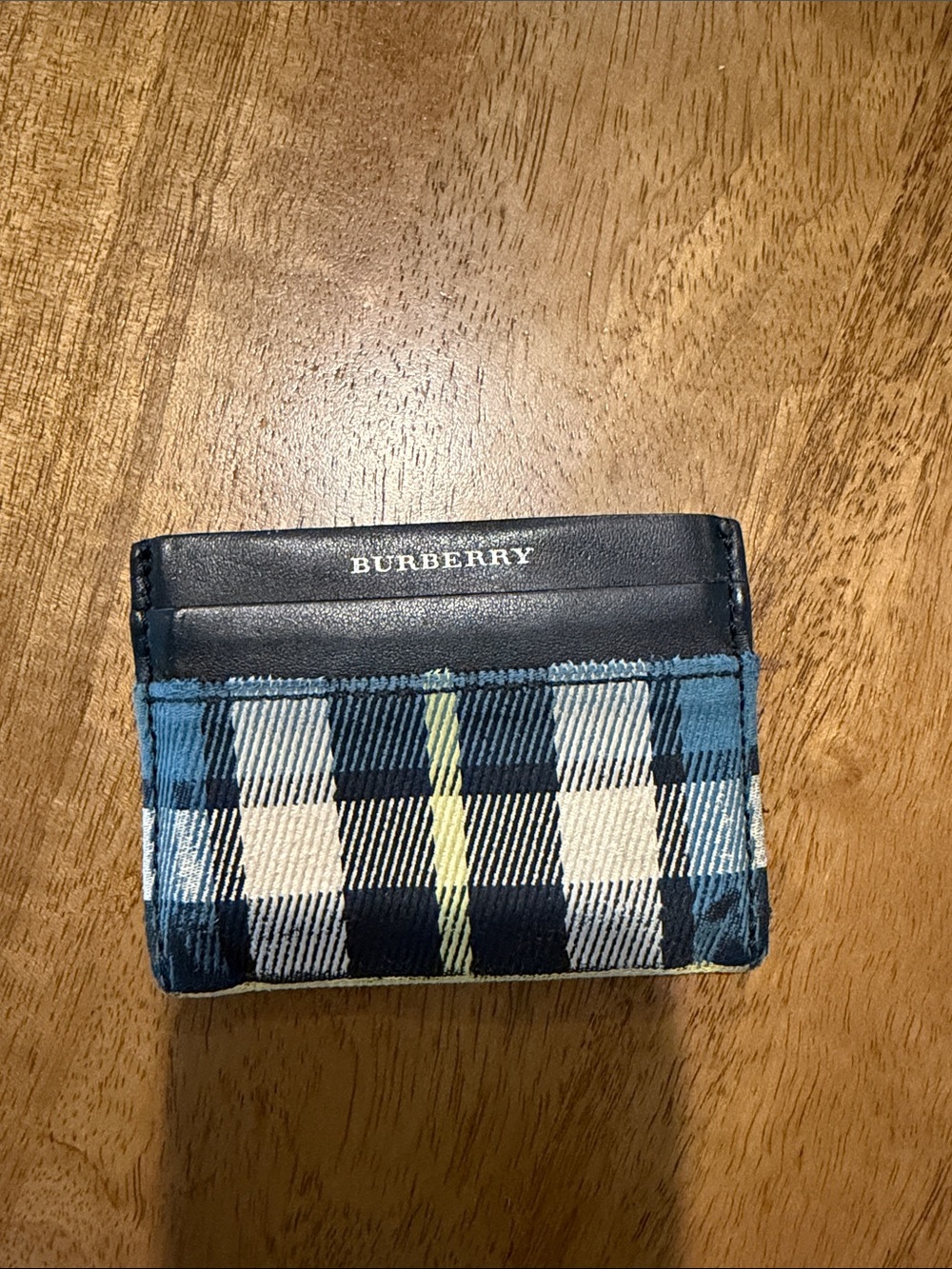 Burberry Blue and Cream Check Card Holder with Yellow Accent